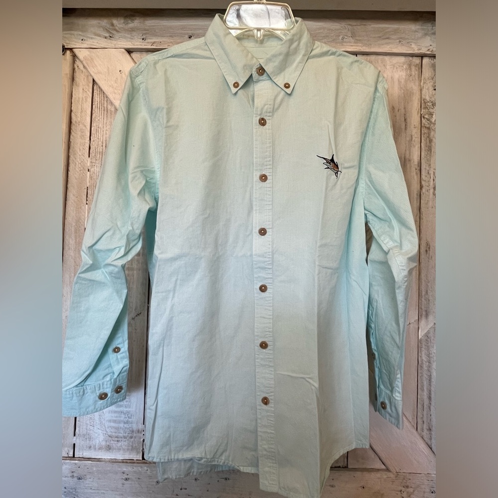 Guy Harvey Men’s Teal Blue Check  Embroidered Marlin Button Down Shirt Medium